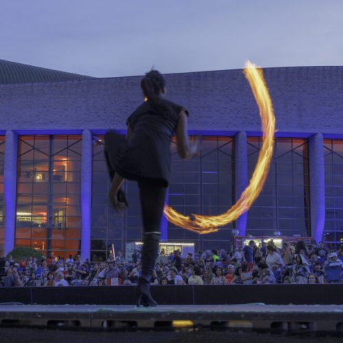 Artiste qui fait une prestation avec du feu devant une foule.